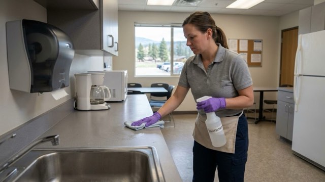 Office Cleaning Services Missoula crew member disinfecting an office break room